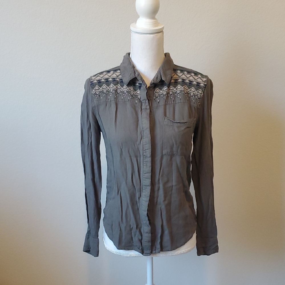 (4 for $10) Staring at Stars Army Green Embroidered Button-Down Shirt